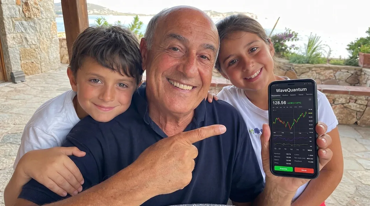 A retired grandfather on vacation with his grandchildren, showing his WaveQuantum balance
